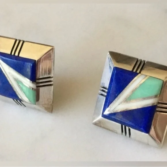 Vintage Gilbert Nelson Native American Lapis Turquoise Navajo Earrings - Picture 10 of 14